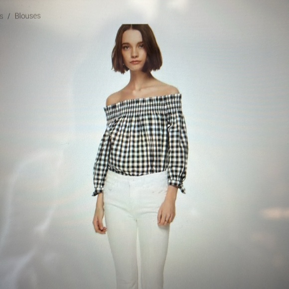 Kate Spade Gingham/Checked Black and White Off Shoulder Top XXS 3/4 Tie Sleeves - Picture 2 of 12